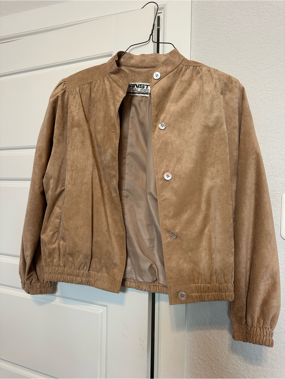 Vintage Ernst Strauss Ultrasuede Bomber Jacket Size 12 Tan Made in USA